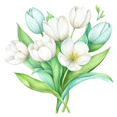 Fototapeta premium Bouquet of white and pale blue tulips with green leaves in soft watercolor style, representing spring florals