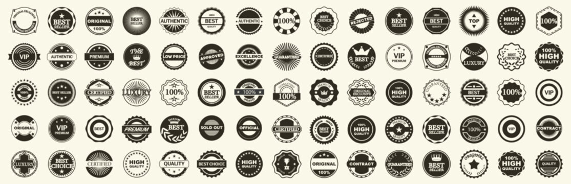 Quality badge collection in vintage style. Circular labels with texts like premium, authentic, best and guaranteed product