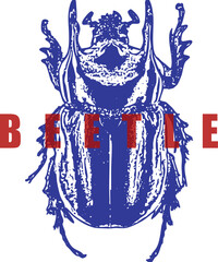 Rhinoceros Beetle, Multi Horns, Blue Vintage Engraving, Red Text Graphic, High Contrast Stipple, Insect, Entomology T-Shirt Design, Isolated Vector Art.