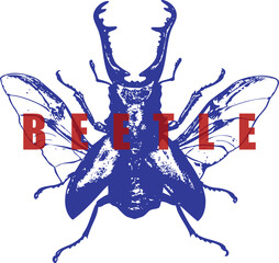 Flying Stag Beetle, Wings Spread, Blue Stipple Engraving, Red Text Graphic, High Contrast Vintage T-Shirt Design, Insect, Lucanus, Entomology Vector Art.