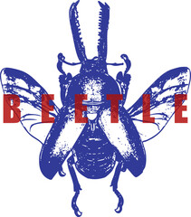 Flying Stag Beetle, Wings Spread, Blue Engraving, Red Text Graphic, High Contrast Vintage T-Shirt Design, Insect, Lucanus, Entomology Vector Print.