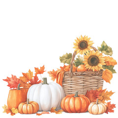 Basket of sunflowers with white and orange pumpkins, autumn leaves, and seasonal harvest elements