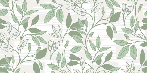 Seamless vector pattern with delicate green leaves and floral branches on a soft geometric background. Spring designs for textiles, wallpapers, and ornament