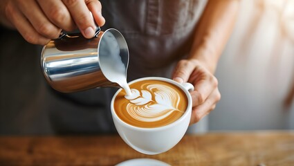 Barista creates latte art in coffee cup