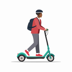 Person riding an electric scooter with helmet and backpack.