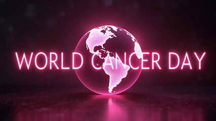 World Cancer Day pink neon with the globe