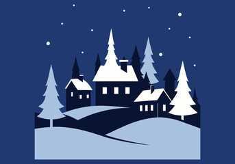 Fototapeta premium Vector art of silhouette of a charming winter village at night with snowcovered houses and pine trees under a starry sky