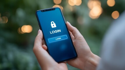 Close-up of hand holding smartphone with login screen, mobile security authentication and data protection access concept with digital lock icon