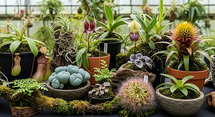 Botanical diversity and texture in a serene indoor greenhouse environment offering aesthetic pleasure and study of