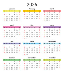 Calendar for 2026 year. Each month in different color