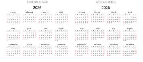 2026 simple calendars with different size of days. English vector design (week starts sunday)