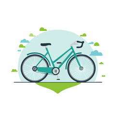 Fototapeta premium Illustration of a teal bicycle with clouds and greenery in the background.