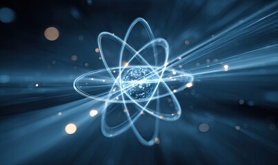 A conceptual rendering of an atom's nucleus with orbiting electrons amidst energetic beams
