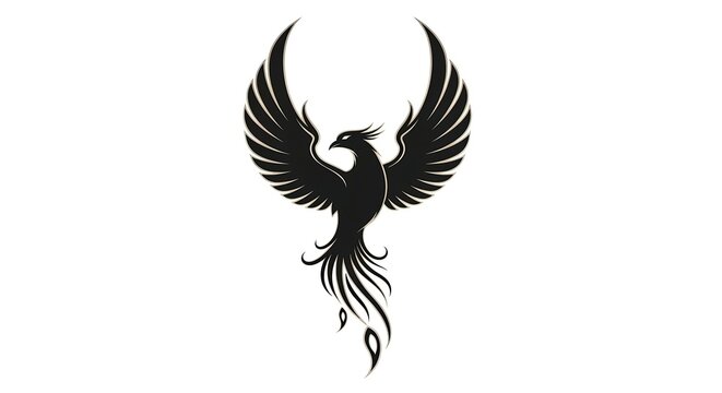 Stylized black phoenix illustration on white background