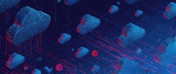Isometric rendered clouds float in space with red lines and cubes. Dark blue and red color scheme