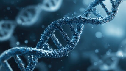 Close-up of a luminous double helix against a soft blue background with subtle particles