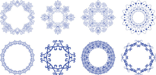 Collection of eight intricate blue ornamental circular and square frames