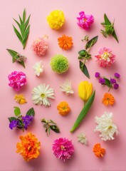 Assorted colorful flower blossoms and green foliage scattered on a soft pink background
