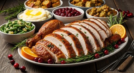 Traditional festive Thanksgiving turkey dinner. Close up turkey, mashed potatoes, dressing, pumpkin pie and sides. 