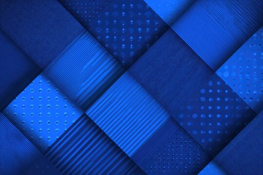 A geometric composition featuring overlapping, patterned blue squares in varying shades