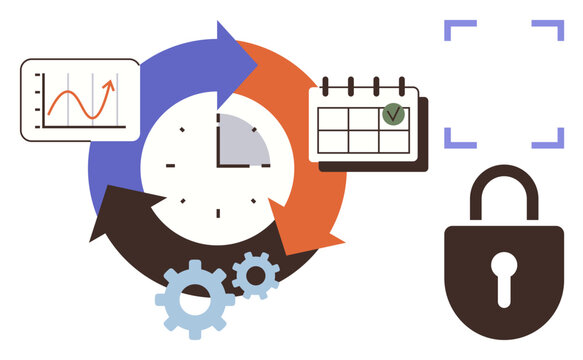 Circular flow with clock, calendar, analytical graph, and gears, alongside a padlock symbol. Ideal for time management, productivity, business efficiency, workflow planning data security