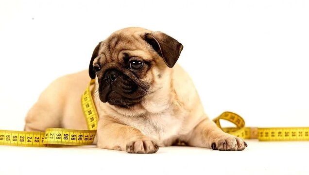 Pug dog lying on the floor with a tape measure around it  