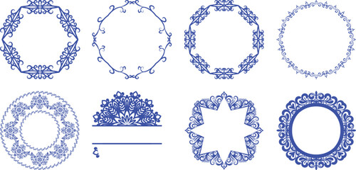 Collection of ornate blue decorative frames and borders with intricate patterns