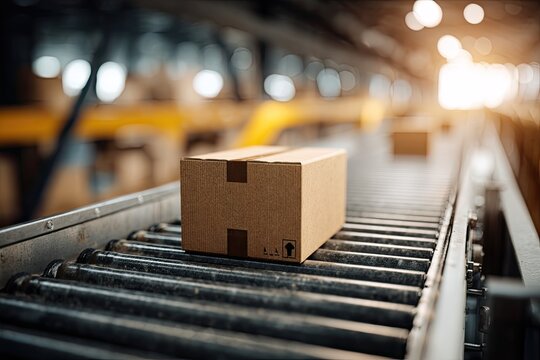 A cardboard box on an automated conveyor belt in a warehouse setting, with a shallow depth of field - Powered by Adobe