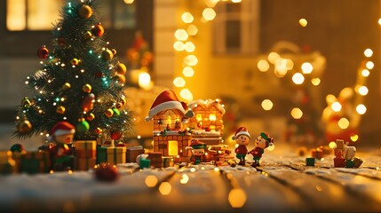 Festive Christmas scene with miniature workshop and joyful elves