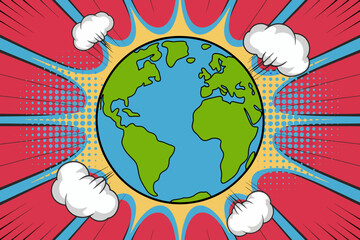 Cartoon Earth Globe with Comic Book Style Explosion and Clouds Illustration for Science and Education Projects