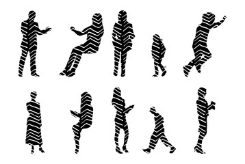 Vector illustration, Outline silhouettes of people, Contour drawing, people silhouette, Icon Set Isolated , Silhouette of sitting people, Architectural set