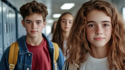 Obraz premium Diverse group of students walking in high school corridor