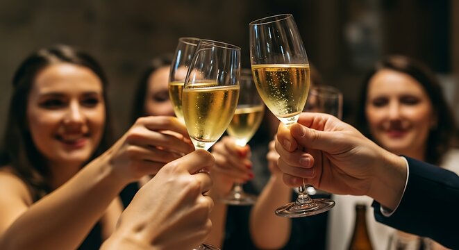 Friends celebrating with champagne flutes, raising a toast during a social gathering, illuminated by soft lighting.