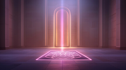 Glowing neon portal neon floor sigil arched doorway mystical chamber futuristic temple ambient
