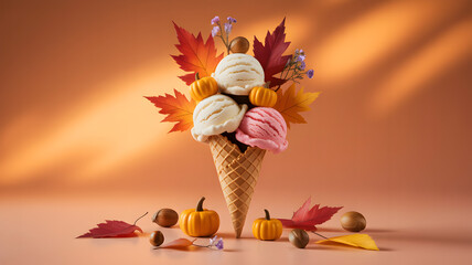 Autumn Ice Cream Cone with Fall Decorations graphic background.