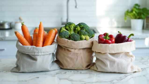 Fresh vegetables stored in reusable fabric bags