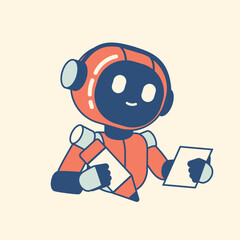 Smart AI robot writing and reading papers like a human employee. Modern office artificial intelligence concept, symbol of automation, creativity, and productive digital teamwork. Hand drawn clip art