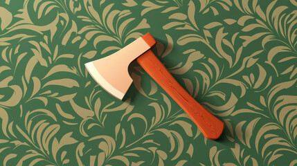 Axe blade wood handle on patterned green background with warm light and calm mood