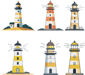 Vector illustration of lighthouse tower in flat design style with coastal beacon navigation light house for sea safety marine travel and ocean landscape