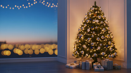Decorated Christmas Tree with Gifts by Window at Dusk ornaments lights.