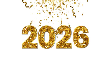 2026 Happy New Year with shiny Golden Confetti, isolated on a transparent background