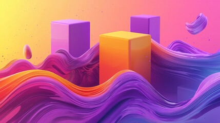 Vibrant abstract waves and floating colorful blocks create dynamic surreal motion