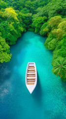 view of a pristine tropical waterway or lagoon.
,lush green foliage and the vibrant blue water,brilliant, glowing turquoise,small, white motorboat.  