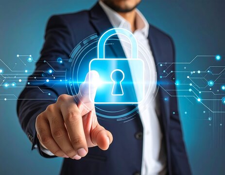 The company's technology uses a human finger to press a glowing holographic button in the shape of a padlock.