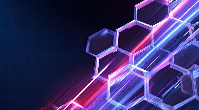 Abstract digital artwork Hexagonal structures intersected by vibrant light trails on a dark background