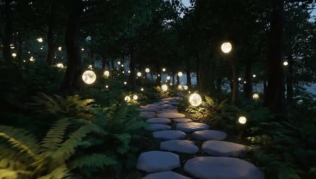 Enchanted forest path with glowing orbs among lush greenery  