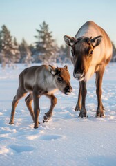 Naklejka premium A baby goat and its mother in the snow