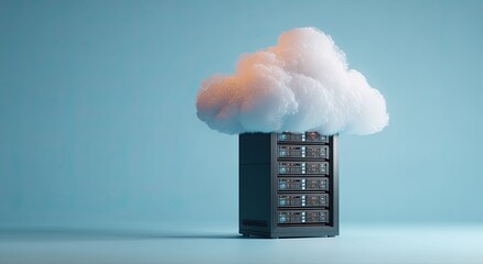 Computer server rack with fluffy cloud on top, set against a cool, blue background
