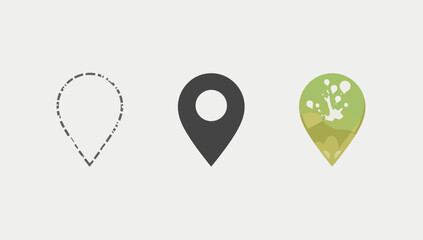 Vector art of three location pin icons showing outline, silhouette, and color