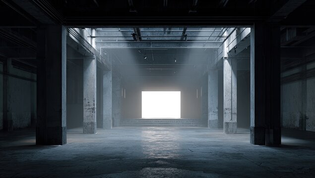 Empty concrete warehouse with a bright white rectangle at its end, beams of light